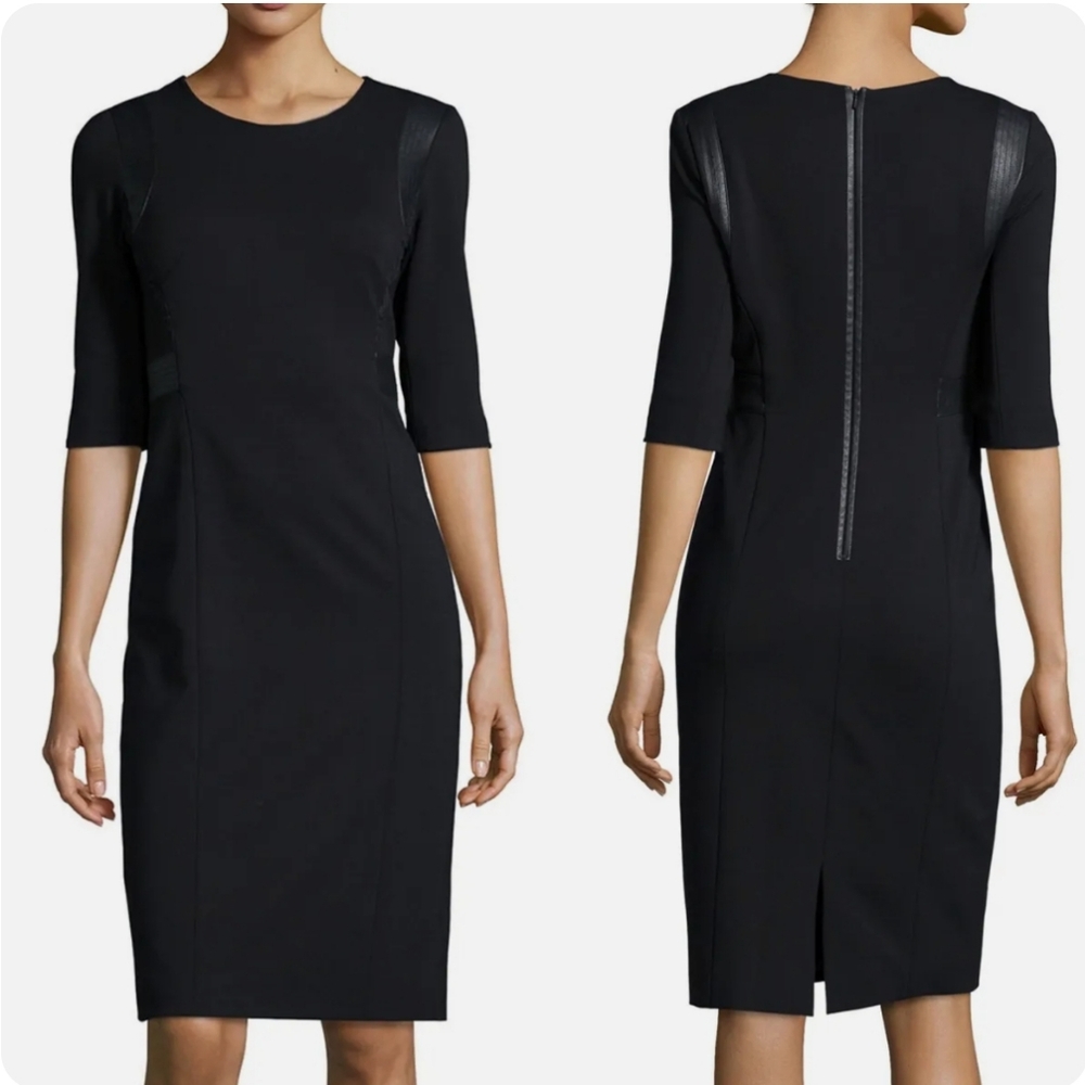 Rebecca Taylor 3/4 Sleeve Faux Leather Trim Ponte Black Sheath Dress, Sz 4